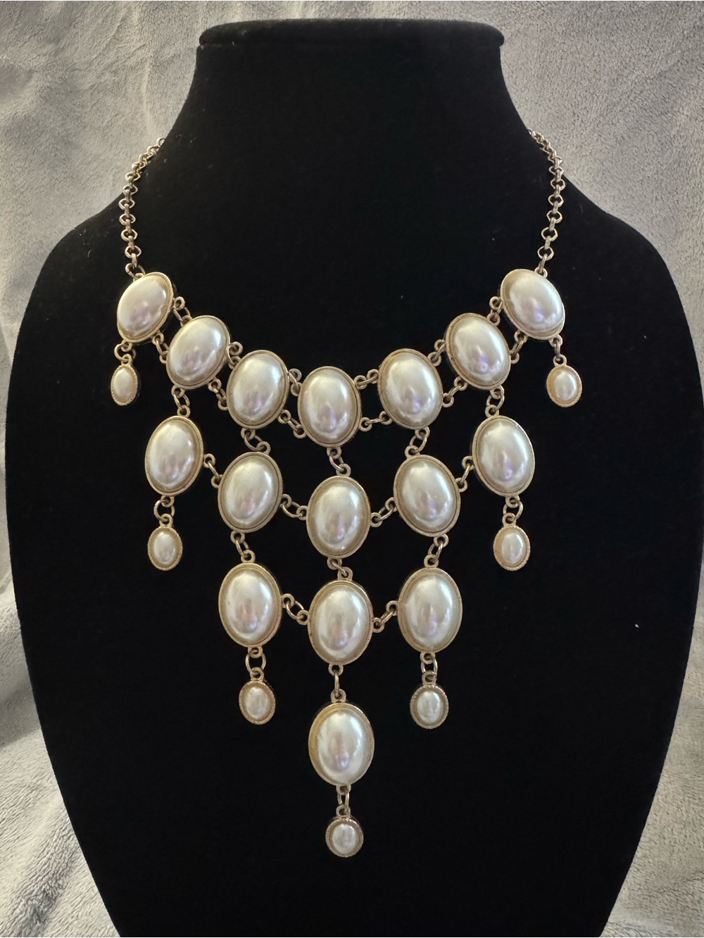 Gold-Tone Faux Pearl Cascading Bib Necklace - Statement Layered Design